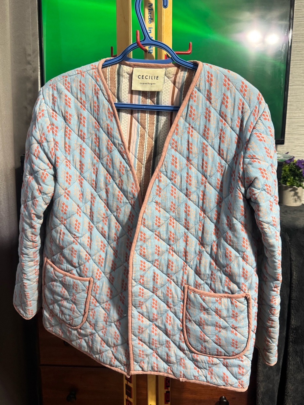 Cecilie Copenhagen Light Blue Quilted Jacket with Pink Trim. *Reversible!